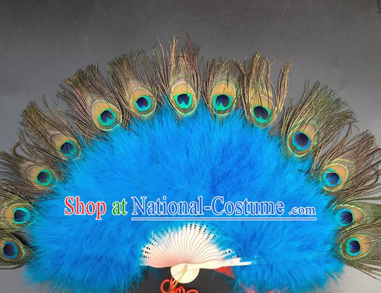 Traditional Chinese Crafts Peacock Feather Folding Fan China Folk Dance Blue Feather Fans