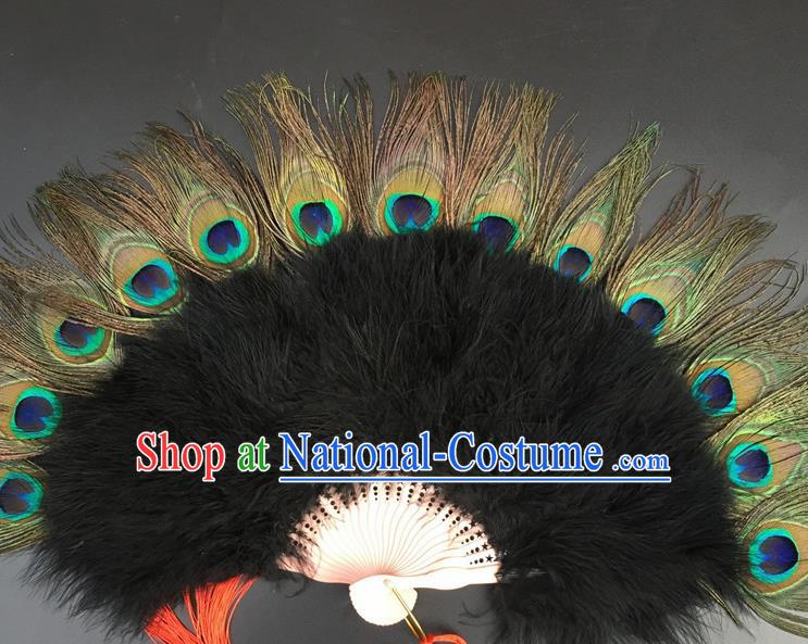 Traditional Chinese Crafts Peacock Feather Folding Fan China Folk Dance Black Feather Fans