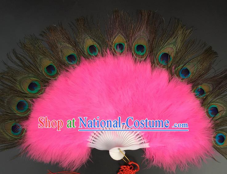 Traditional Chinese Crafts Peacock Feather Folding Fan China Folk Dance Pink Feather Fans