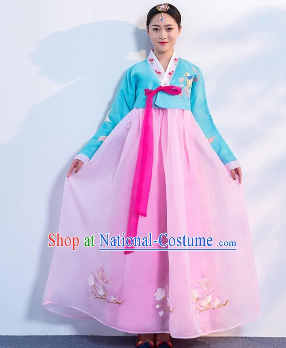 Top Grade Korean Traditional Costumes Asian Korean Hanbok Bride Blue Blouse and Pink Skirt for Women