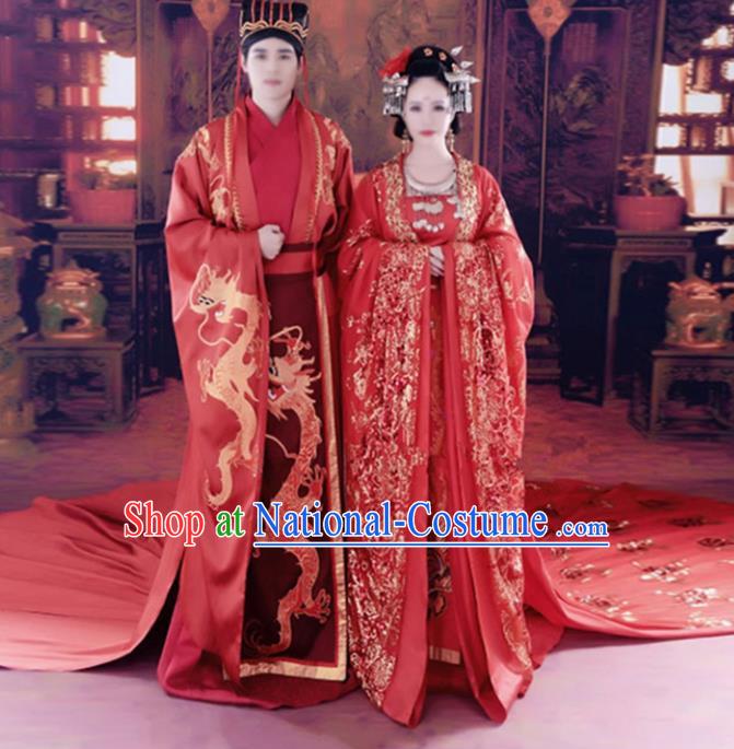 Chinese Ancient Tang Dynasty Emperor and Empress Embroidered Wedding Costumes Complete Set