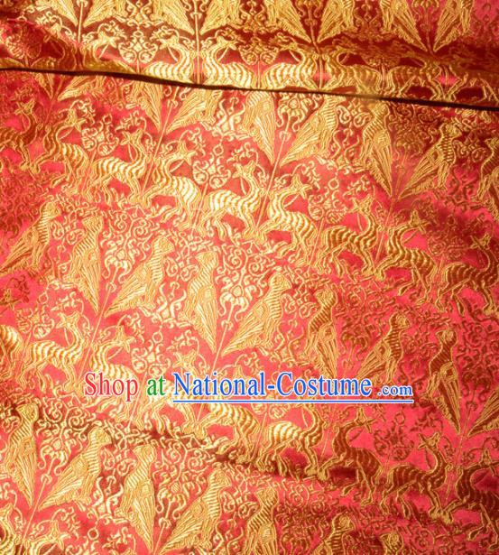 Chinese Traditional Red Silk Fabric Cheongsam Tang Suit Brocade Palace Deers Pattern Cloth Material Drapery