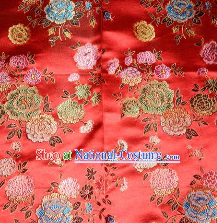 Chinese Traditional Silk Fabric Tang Suit Red Brocade Cheongsam Classical Peony Pattern Cloth Material Drapery