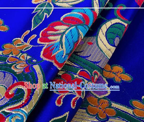 Chinese Traditional Royalblue Silk Fabric Tang Suit Classical Flowers Pattern Brocade Cloth Cheongsam Material Drapery