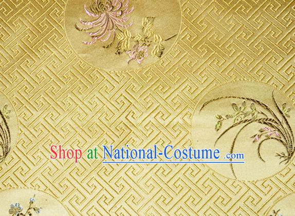 Chinese Traditional Silk Fabric Plum Blossom Orchid Bamboo Chrysanthemum Pattern Tang Suit Yellow Brocade Cloth Cheongsam Material Drapery