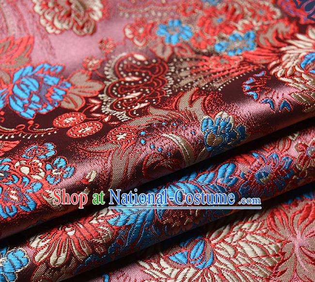 Chinese Traditional Tang Suit Brownish Red Brocade Fabric Peony Pattern Silk Cloth Cheongsam Material Drapery