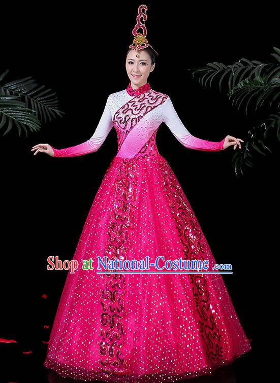 Chinese Classical Dance Costume Traditional Folk Dance Rosy Dress for Women