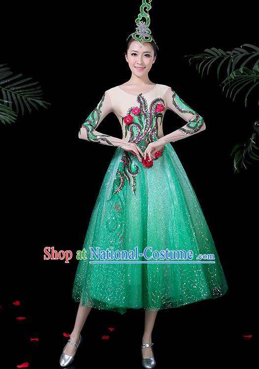 Chinese Classical Dance Costume Traditional Folk Dance Chorus Green Dress for Women