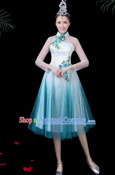 Chinese Classical Dance Costume Traditional Folk Dance Chorus Blue Dress for Women