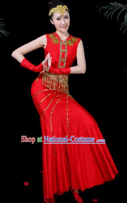 Chinese Traditional Classical Peacock Dance Red Dress Dai Minority Folk Dance Costume for Women