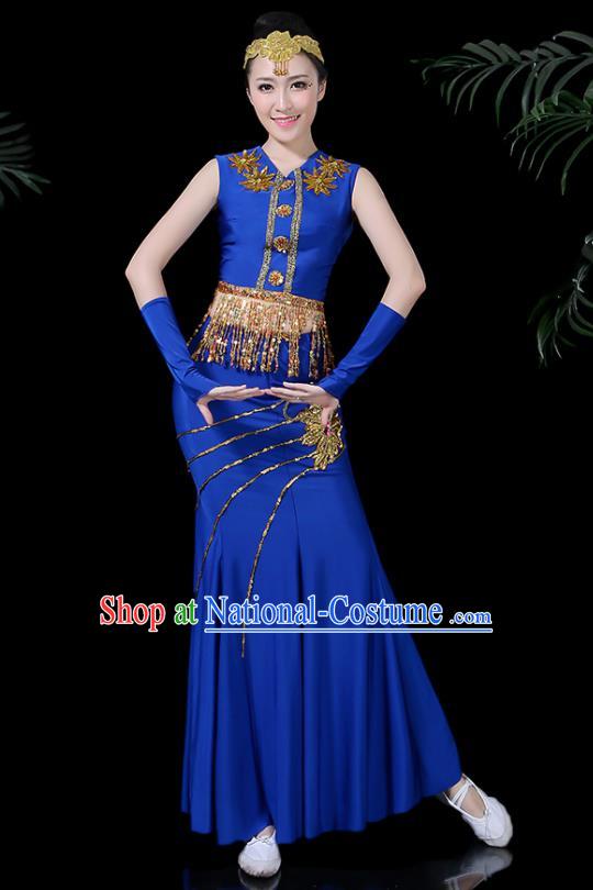 Chinese Traditional Classical Peacock Dance Royalblue Dress Dai Minority Folk Dance Costume for Women