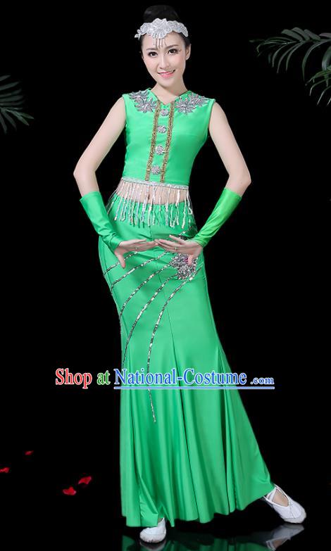 Chinese Traditional Classical Peacock Dance Green Dress Dai Minority Folk Dance Costume for Women