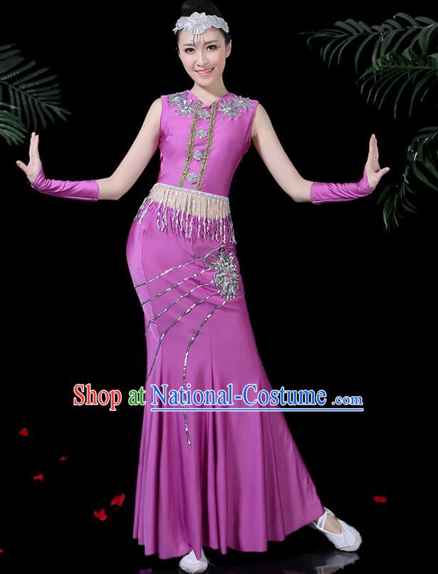 Chinese Traditional Classical Peacock Dance Purple Dress Dai Minority Folk Dance Costume for Women