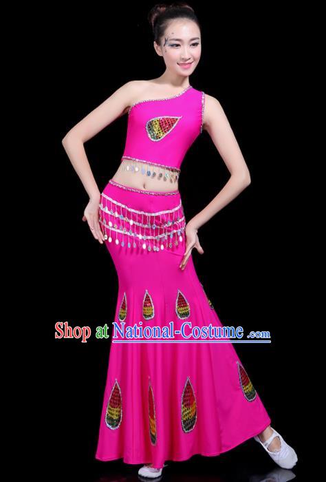 Chinese Traditional Peacock Dance Rosy Dress Dai Minority Folk Dance National Costume for Women