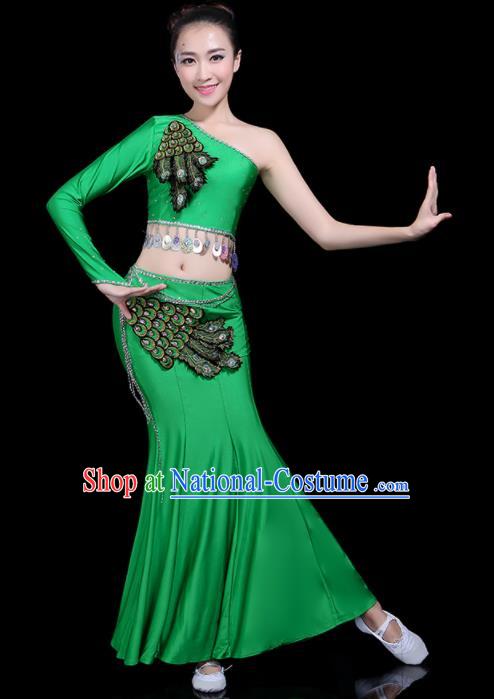 Chinese Traditional Peacock Dance Green Dress Dai Minority Folk Dance National Costume for Women