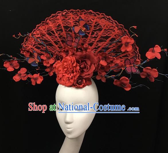 Top Halloween Red Lace Hair Accessories Stage Show Chinese Traditional Catwalks Headpiece for Women