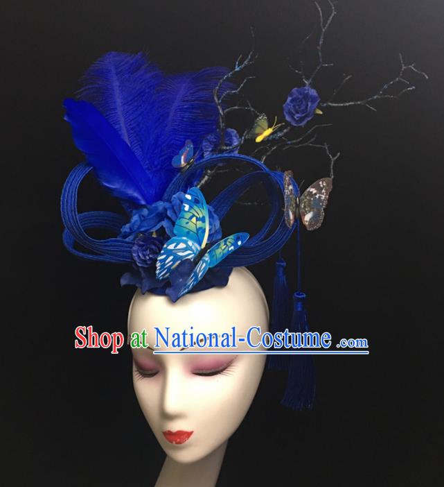 Top Brazilian Carnival Stage Show Headpiece Halloween Catwalks Blue Feather Hair Accessories for Women