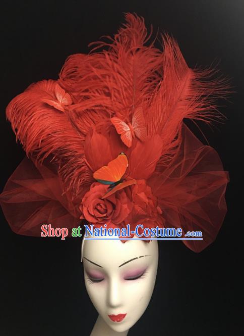 Top Brazilian Carnival Stage Show Headpiece Halloween Catwalks Red Feather Hair Accessories for Women