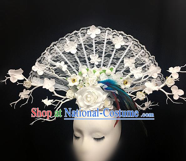 Chinese Stage Show White Lace Peony Hair Accessories Traditional Catwalks Palace Headdress for Women