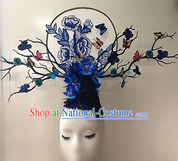 Chinese Stage Show Blue Peony Hair Accessories Traditional Catwalks Palace Headdress for Women