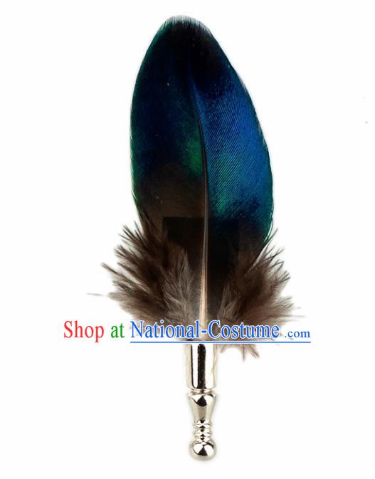 Handmade Blue Feather Breastpin Accessories Stage Show Peacock Feather Brooch for Women