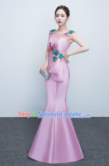 Top Stage Show Costumes Catwalks Compere Pink Satin Full Dress for Women