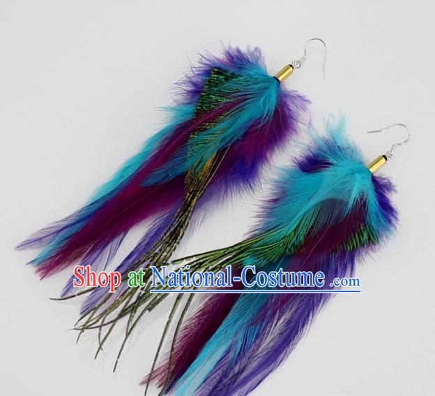 Top Halloween Ear Accessories Carnival Catwalks Purple and Blue Feather Earrings for Women