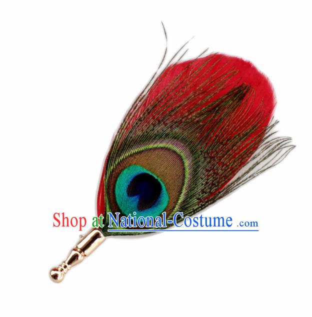 Handmade Red Feather Breastpin Accessories Stage Show Peacock Feather Brooch for Women