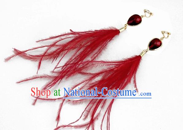 Top Halloween Red Feather Ear Accessories Carnival Catwalks Crystal Earrings for Women