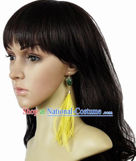 Top Halloween Yellow Feather Ear Accessories Carnival Catwalks Crystal Earrings for Women