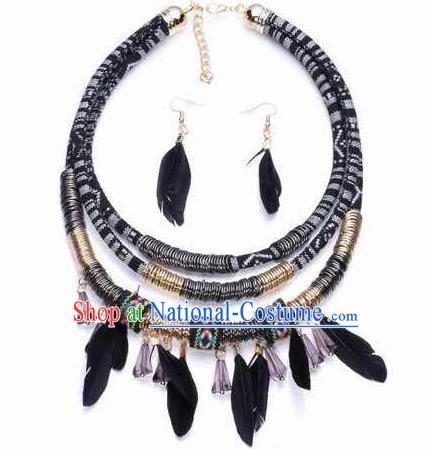 Handmade Black Feather Necklace Stage Show Necklet and Earrings Accessories for Women