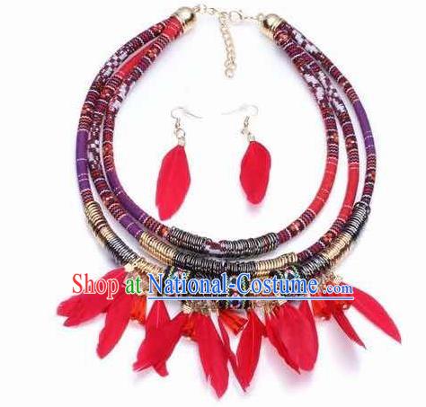 Handmade Red Feather Necklace Stage Show Necklet and Earrings Accessories for Women