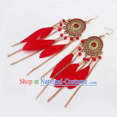 Handmade Stage Show Red Feather Earrings Halloween Dance Ear Accessories for Women