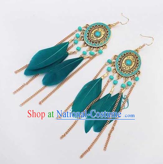 Handmade Stage Show Green Feather Earrings Halloween Dance Ear Accessories for Women