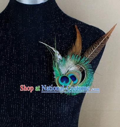 Handmade Green Feather Breastpin Accessories Stage Show Peacock Feather Brooch for Women