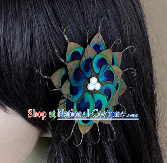 Handmade Green Feather Hair Accessories Stage Show Peacock Feather Hair Claw for Women