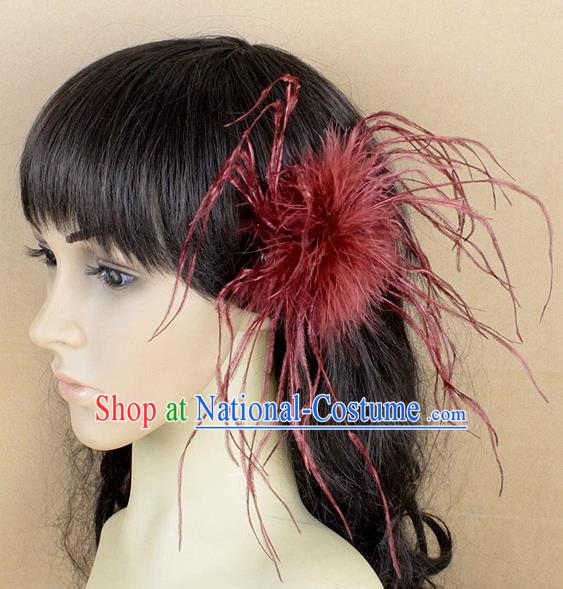 Handmade Carnival Red Ostrich Feather Hair Claw Miami Stage Show Feather Hair Accessories for Women