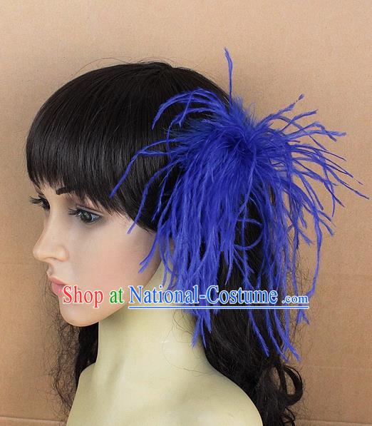 Handmade Carnival Blue Ostrich Feather Hair Claw Miami Stage Show Feather Hair Accessories for Women