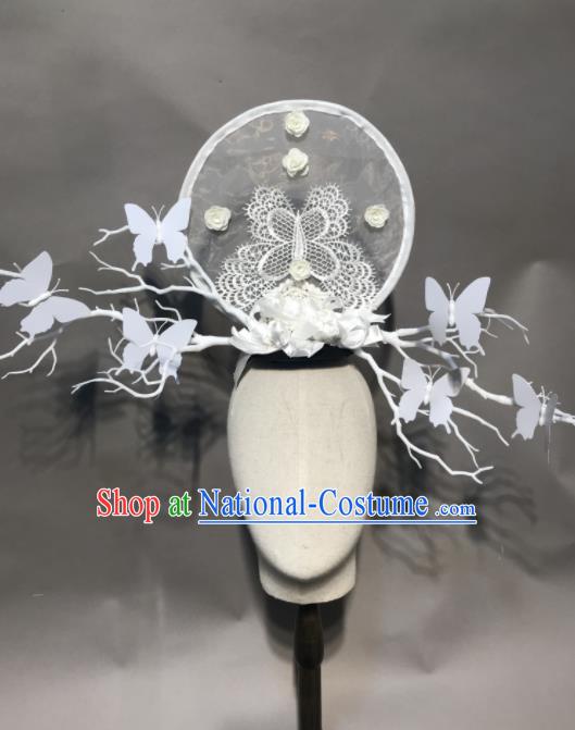 Top Chinese Stage Show White Lace Butterfly Hair Accessories Halloween Carnival Fancy Dress Ball Headdress for Women