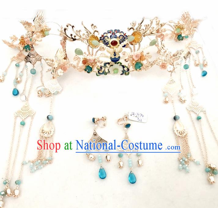 Top Chinese Traditional Wedding Hair Accessories Ancient Blueing Phoenix Coronet Hairpins Complete Set for Women