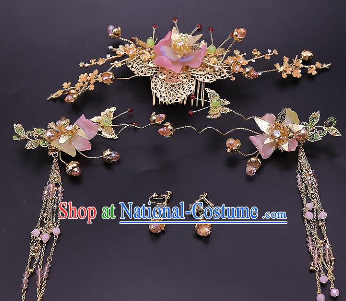 Top Chinese Ancient Traditional Hair Accessories Wedding Pink Lotus Hairpins Complete Set for Women