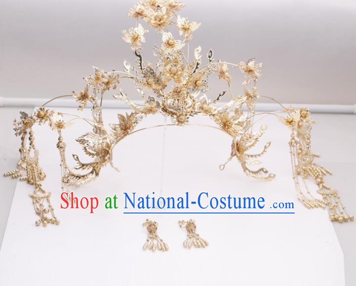 Top Chinese Traditional Wedding Hair Accessories Classical Golden Phoenix Coronet Hairpins Headdress for Women