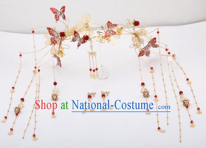 Top Chinese Traditional Wedding Hair Accessories Ancient Palace Red Butterfly Phoenix Coronet Hairpins Headdress for Women