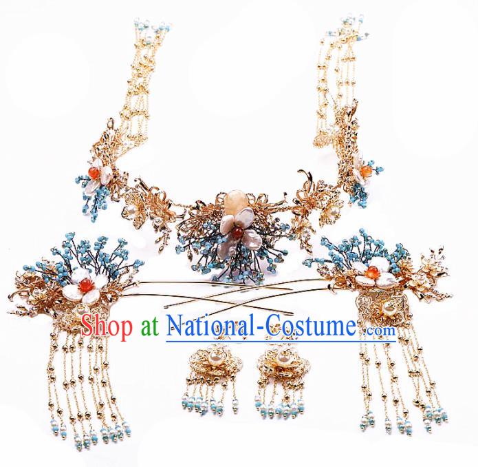 Top Chinese Traditional Wedding Hair Accessories Ancient Palace Tassel Phoenix Coronet Hairpins Complete Set for Women