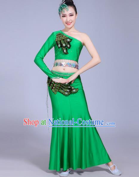 Traditional Chinese Dai Nationality Peacock Dance Costume Folk Dance Ethnic Pavane Green Dress for Women