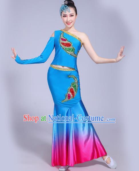 Traditional Chinese Dai Nationality Peacock Dance Costume Folk Dance Ethnic Pavane Blue Dress for Women