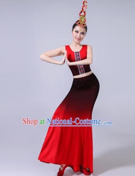 Chinese Ethnic Costumes Traditional Dai Nationality Peacock Dance Folk Dance Gradient Red Dress for Women