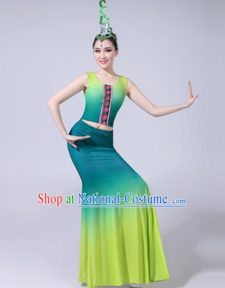 Chinese Ethnic Costumes Traditional Dai Nationality Peacock Dance Folk Dance Gradient Green Dress for Women