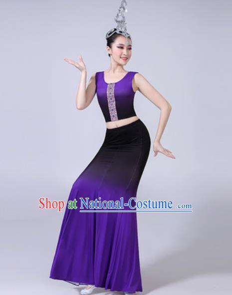 Chinese Ethnic Costumes Traditional Dai Nationality Peacock Dance Folk Dance Gradient Purple Dress for Women