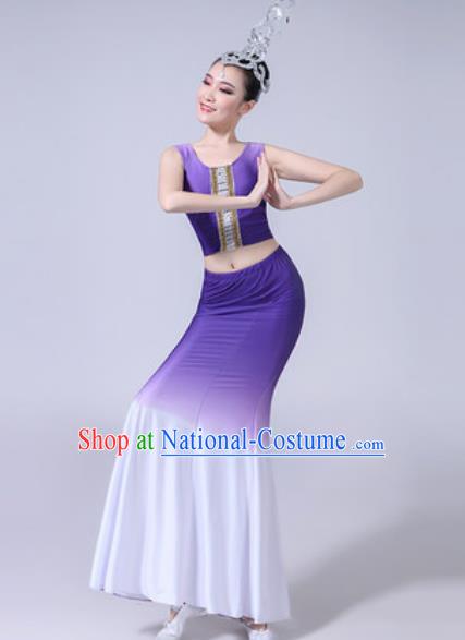 Chinese Ethnic Costumes Traditional Dai Nationality Peacock Dance Folk Dance Gradient Lilac Dress for Women